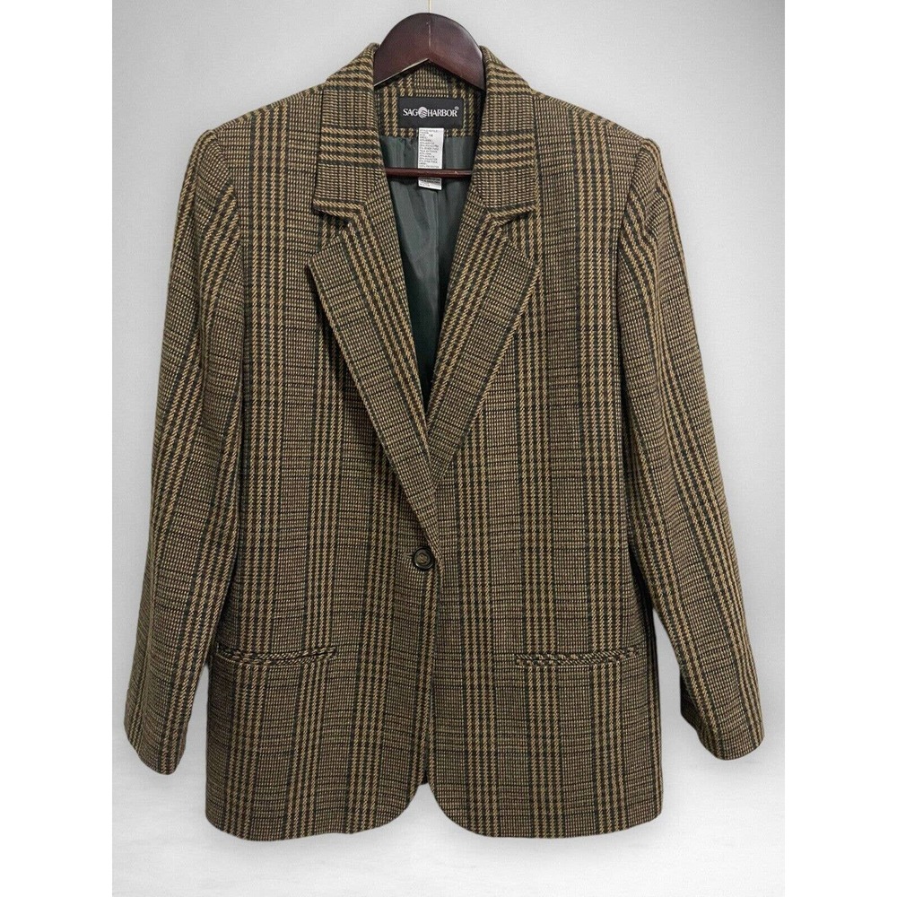 Sag Harbor Vintage Brown Green Houndstooth Wool Blazer Dark Academia Size 14